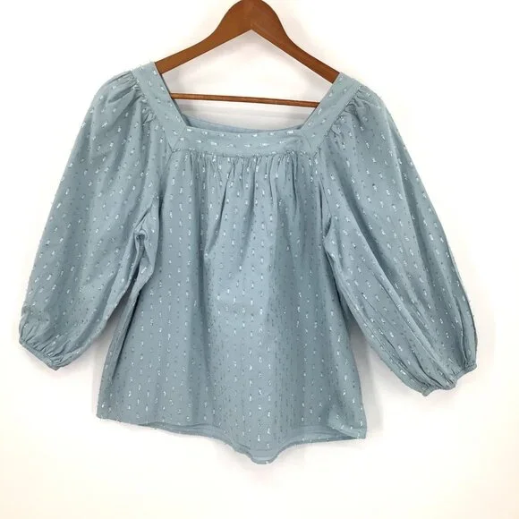 Lauren Conrad Women's L Light Blue Silver Cotton Puff Sleeve Square Neck Top - Picture 1 of 5
